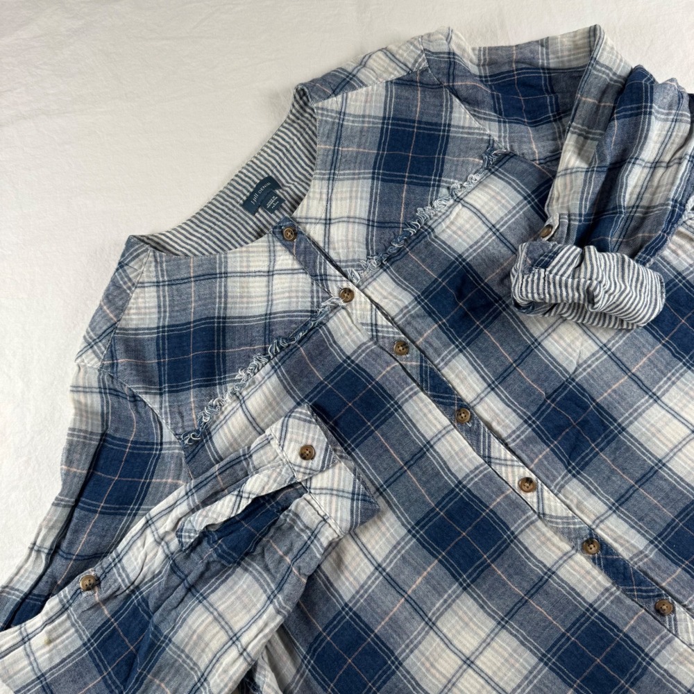 J.Jill Denim Women's Size L Petite Blue Plaid Raw Hem Roll Tab Sleeve Tunic